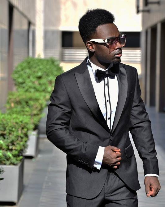 2H Peak Lapel Black Wedding Suit
