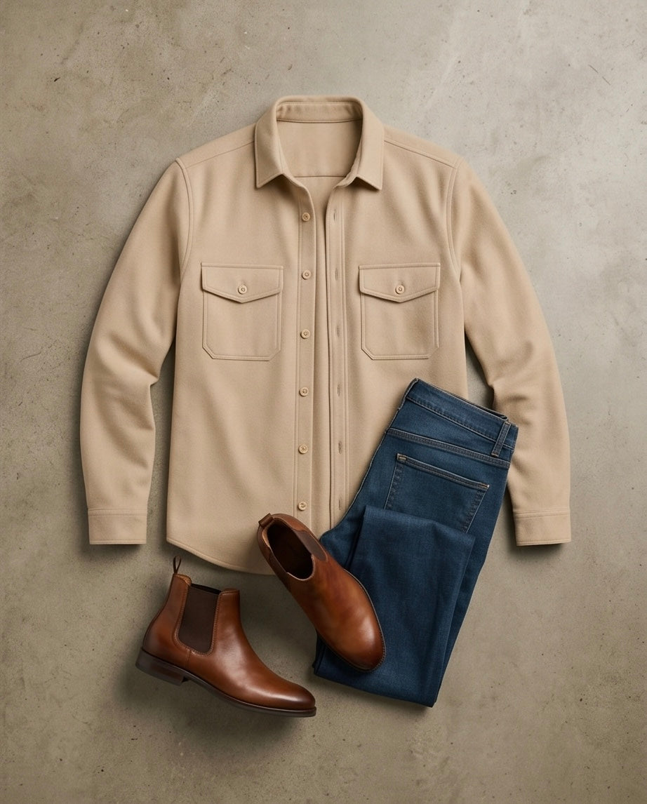 2H #111025 Beige Fleece Casual Shirt