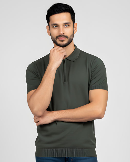 2H #2001-40 Olive Green Knitted Cotton Polo T-Shirt