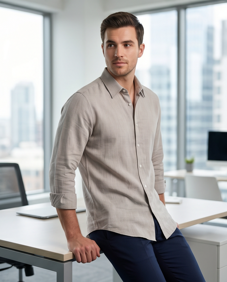 2H khaki Linen Casual Shirt