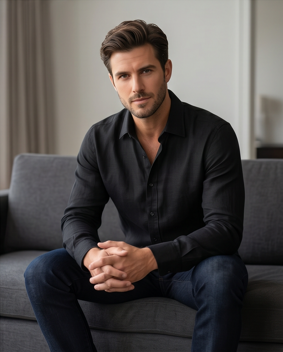 2H Black Linen Casual Shirt