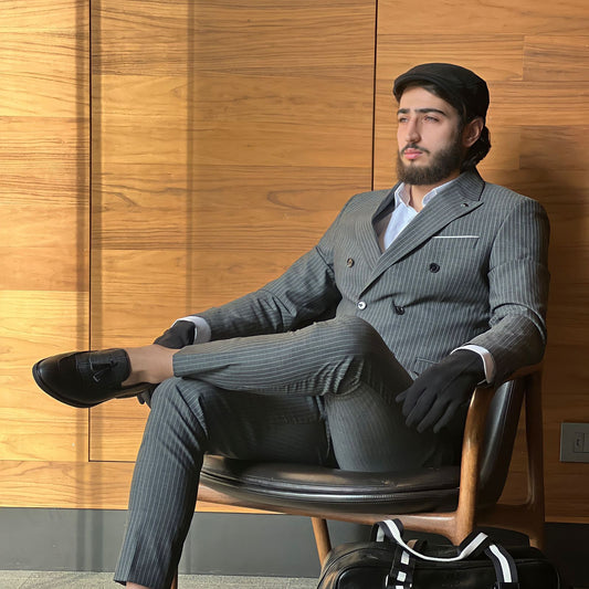 2H Gray striped Peaked Lapel Two Bottons Suit 2 Pieces
