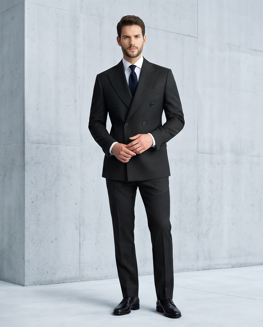 2H #112-2 Black Double Breasted Suit