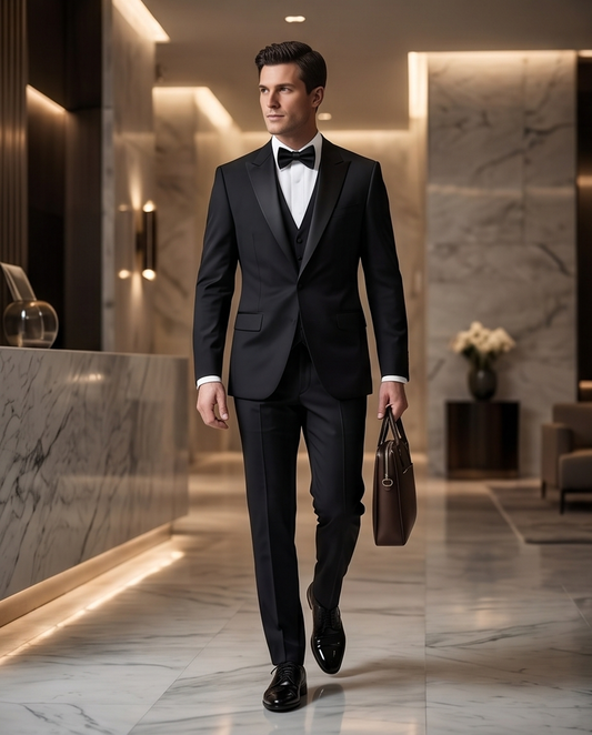 2H Peak Lapel Black Wedding Suit