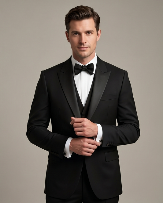 2H Peak Lapel Black Wedding Suit