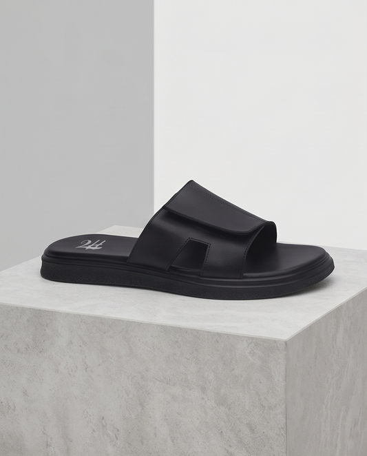 2H G02-15-1 Black Leather Slippers