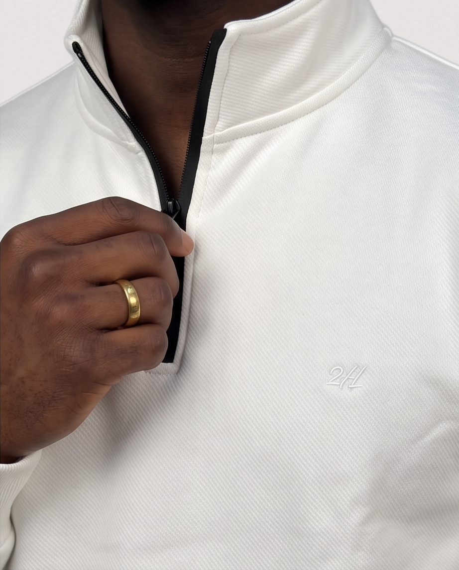 2H #9344 White High Neck Sweater With Zipper