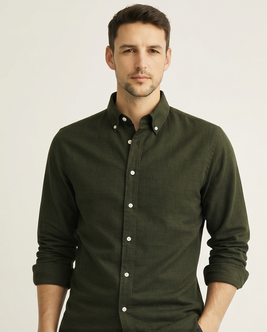 2H #25S8 Olive Green Twill Cotton Regular Fit Shirt