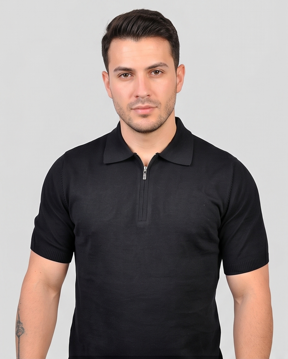 2H #20001-40 Black Knitted Cotton Polo T-Shirt