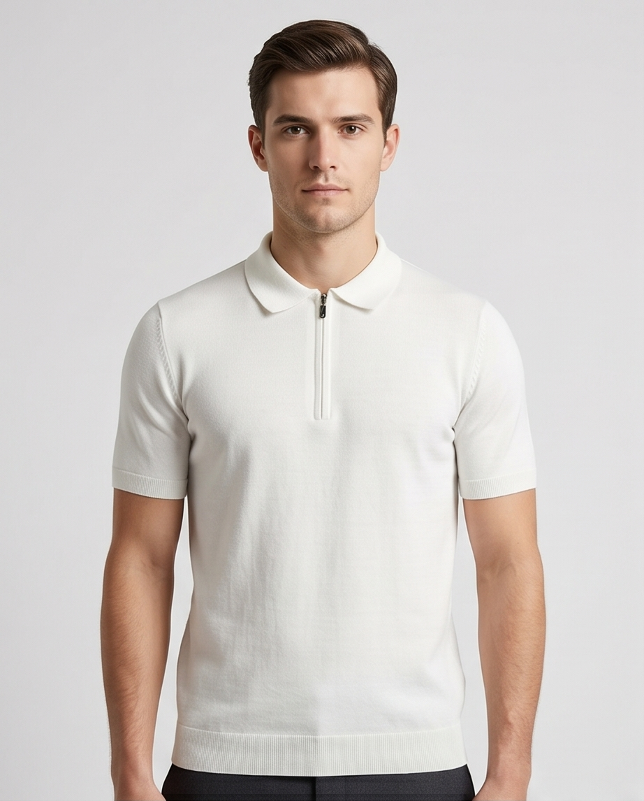 2H #2001-40 Off-White Knitted Cotton Polo T-Shirt
