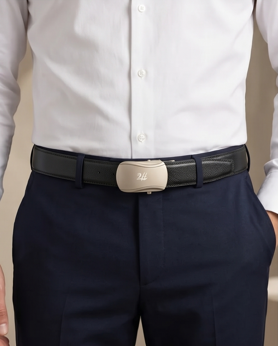 2H Automatic Sliding Buckle Leather Black Belt