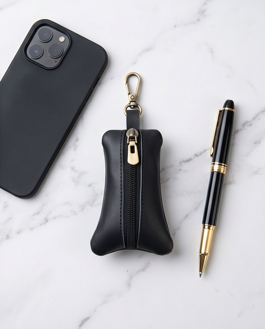 2H #1060 Black Genuine Leather Key Ring With Lobster Clasp