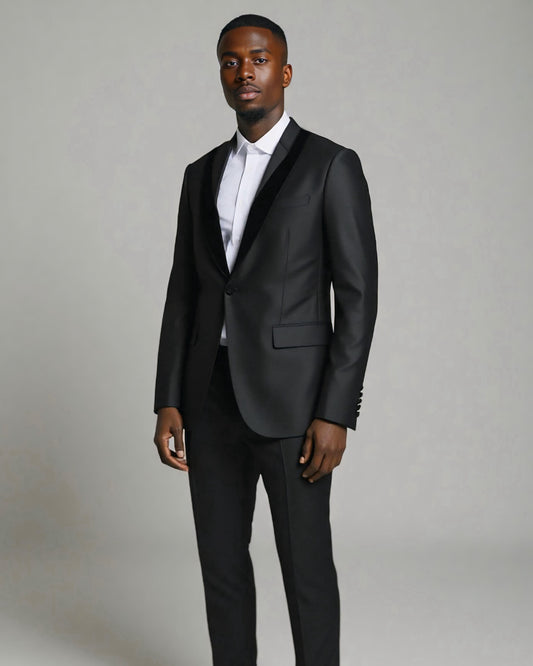 2H Black Wedding Suit Shawl Chamois Satin