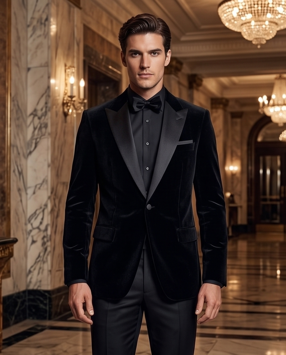 2H Black Chamois Wedding Suit Peack Lapel Satin
