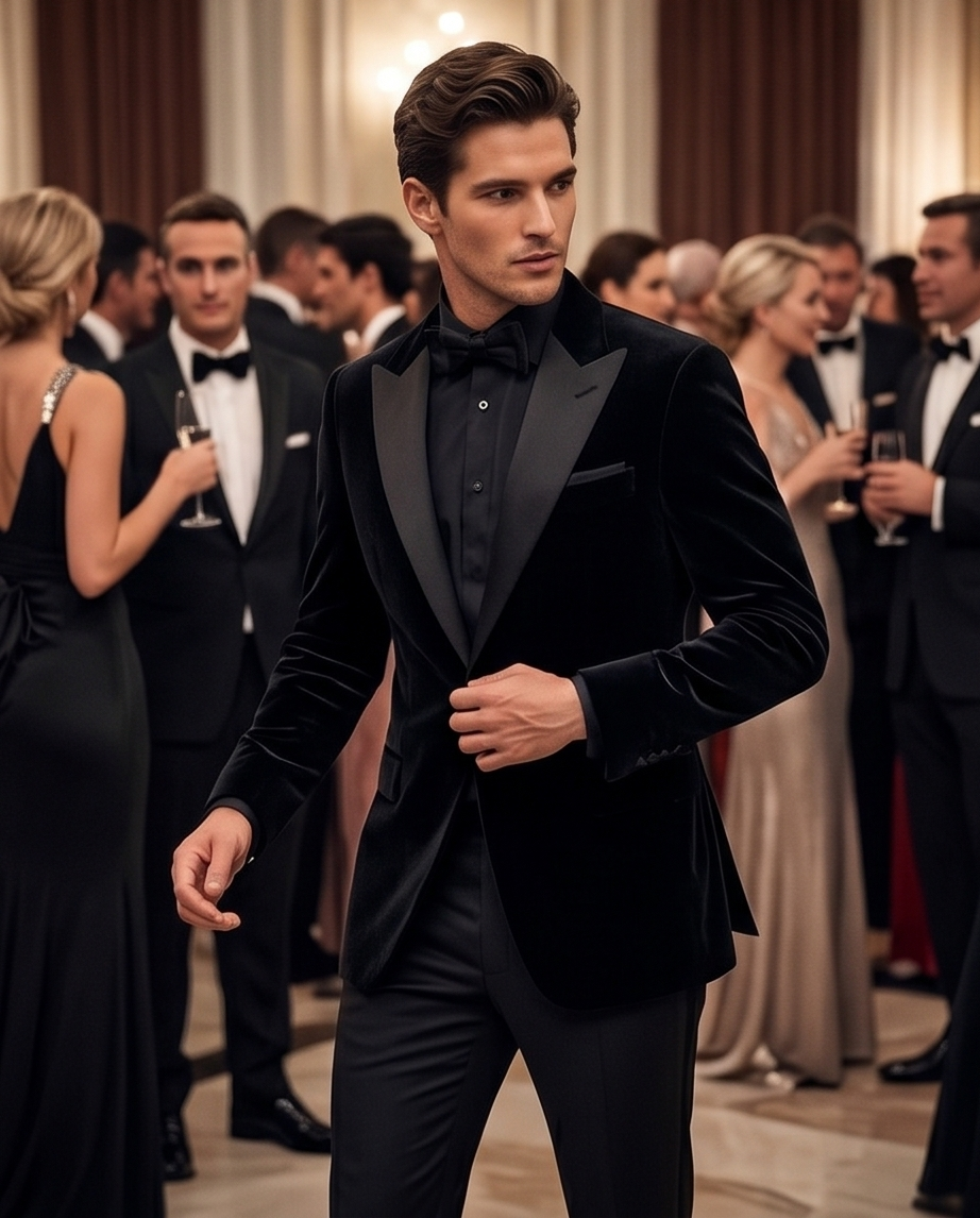 2H Black Chamois Wedding Suit Peack Lapel Satin