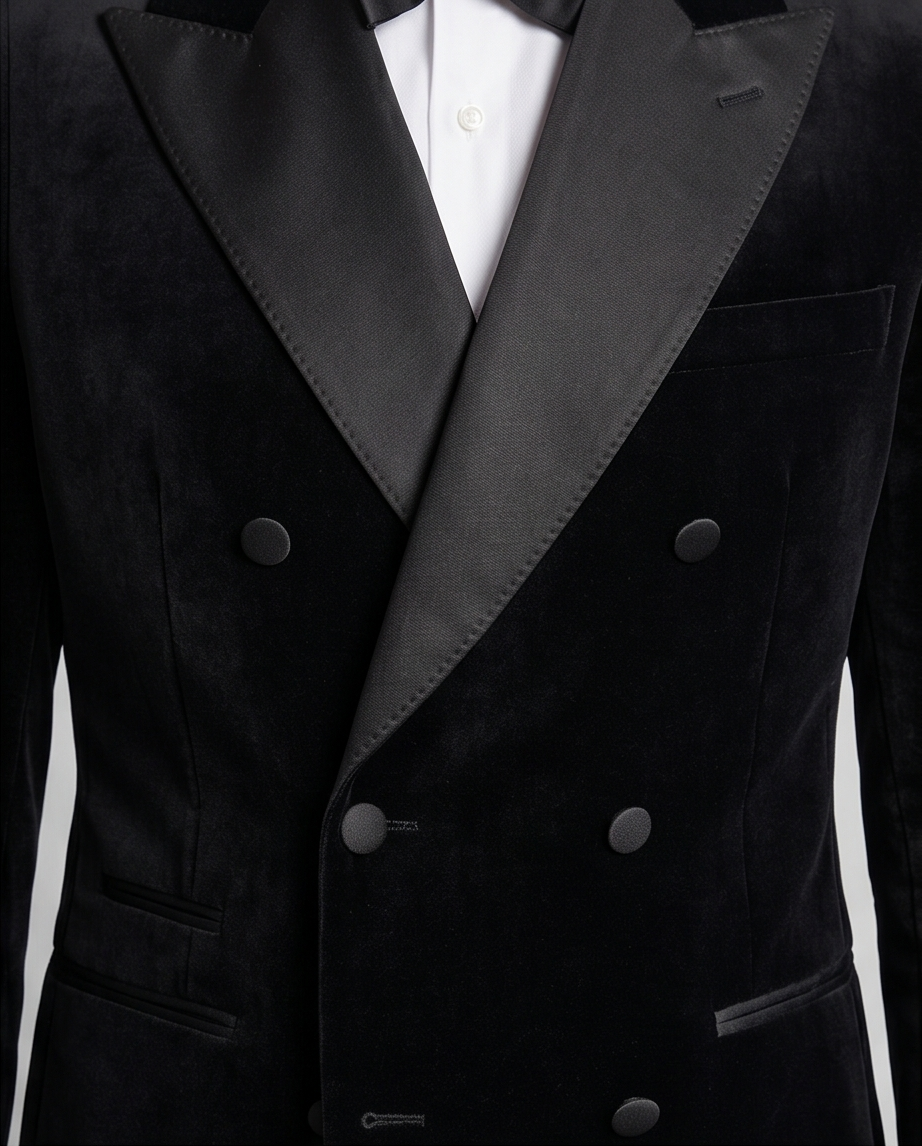 2H Black Double Breast Chamois Wedding Suit Peack Lapel Satin