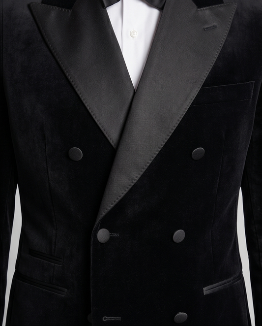 2H Black Double Breast Chamois Wedding Suit Peack Lapel Satin