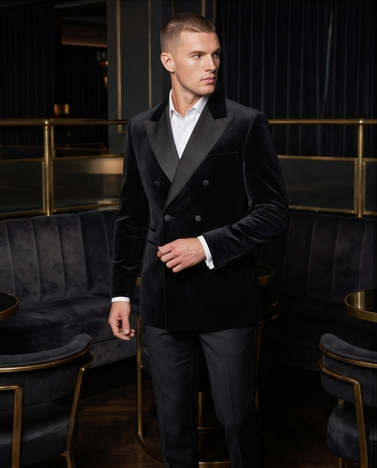 2H Black Double Breast Chamois Wedding Suit Peack Lapel Satin