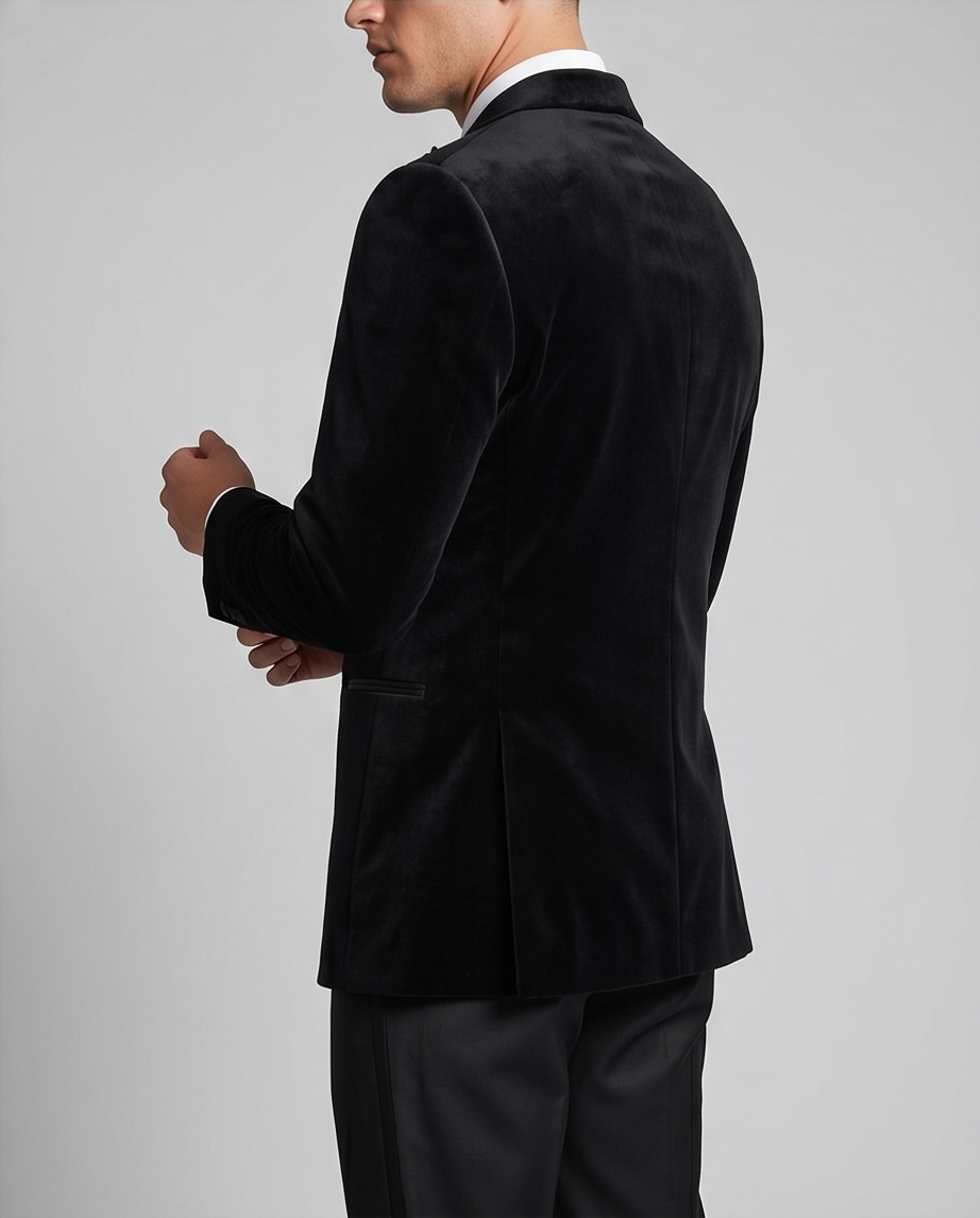 2H Black Double Breast Chamois Wedding Suit Peack Lapel Satin
