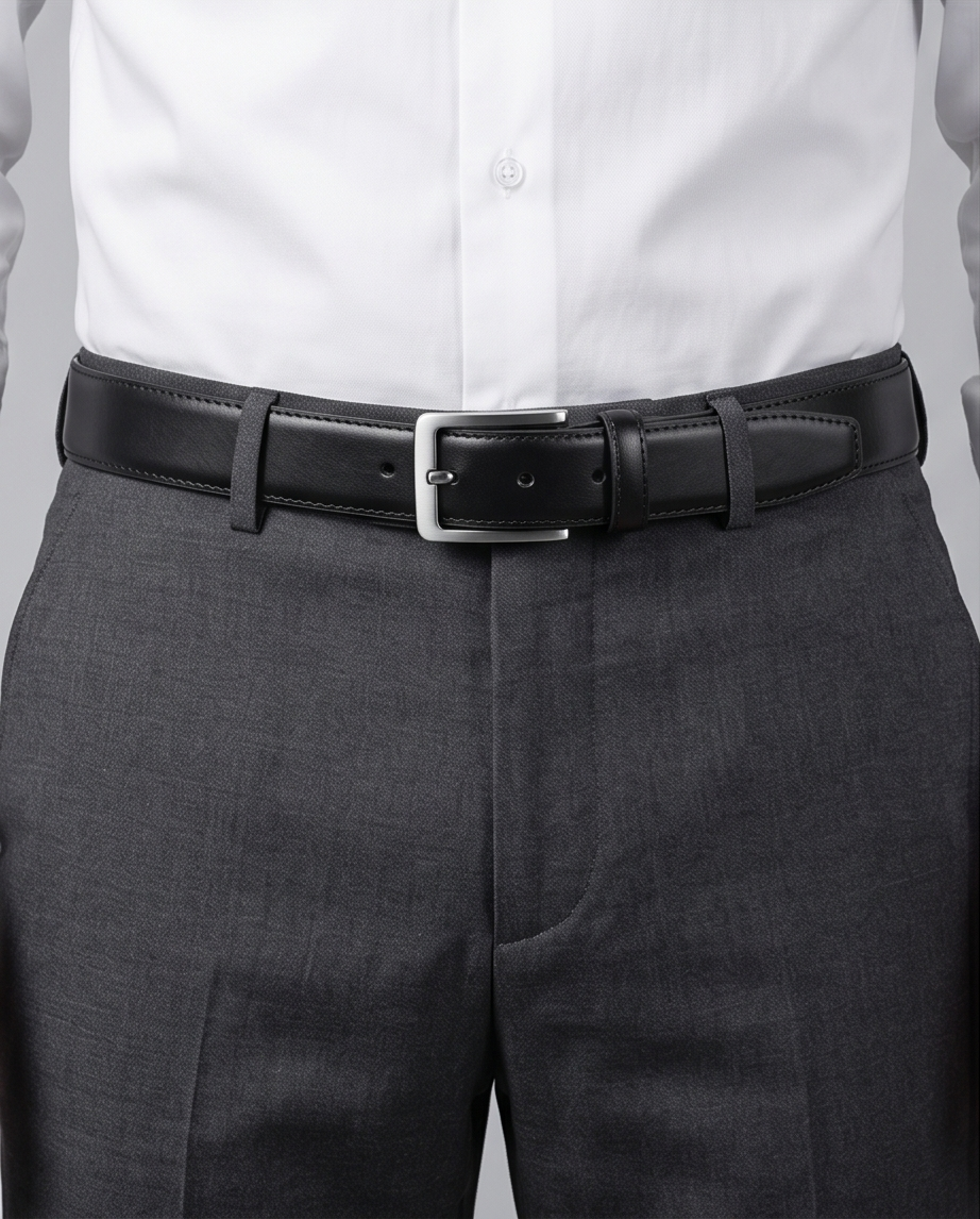 2H Black Genuine Leather Formal Belt