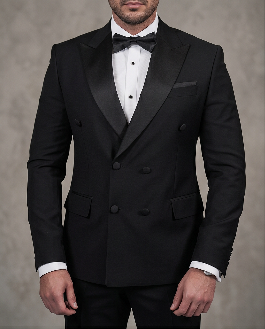 2H Black Peaked Lapel Double breasted Suit