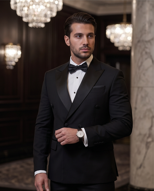 2H Black Peaked Lapel Double breasted Suit