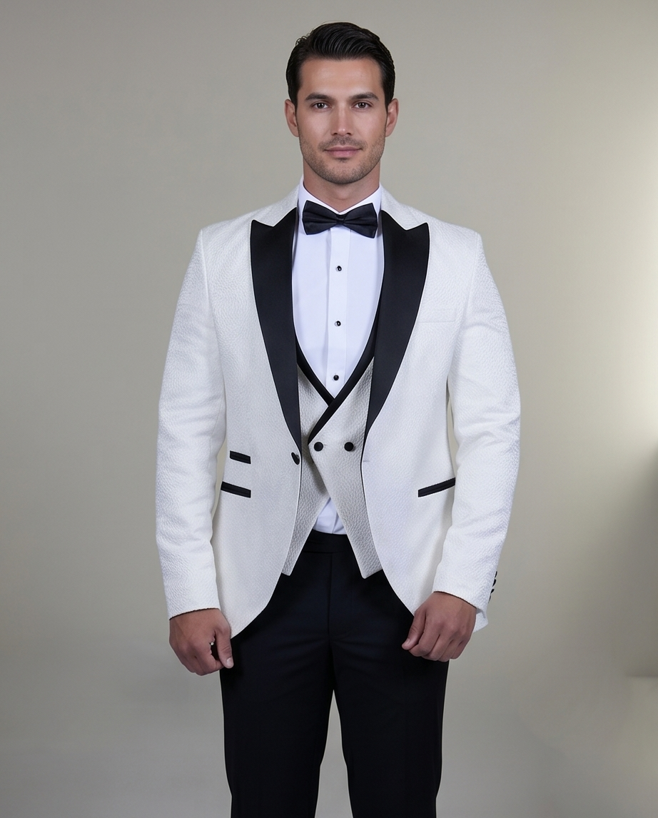 2H White Neck Wedding Suit