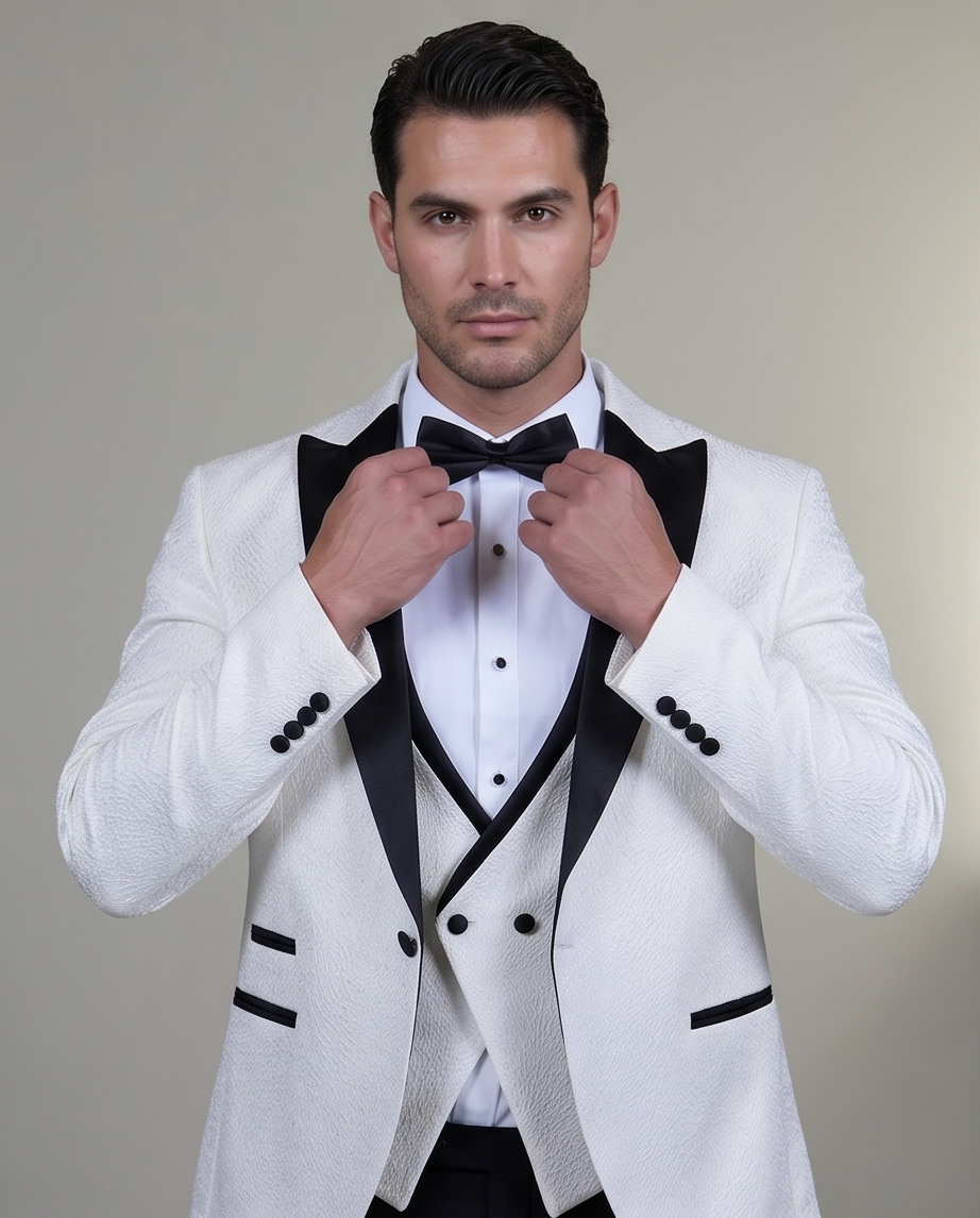 2H White Neck Wedding Suit