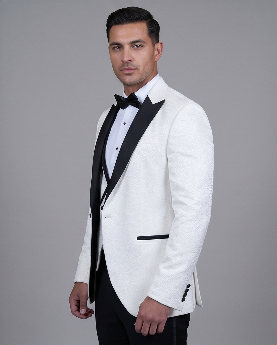 2H White Neck Wedding Suit