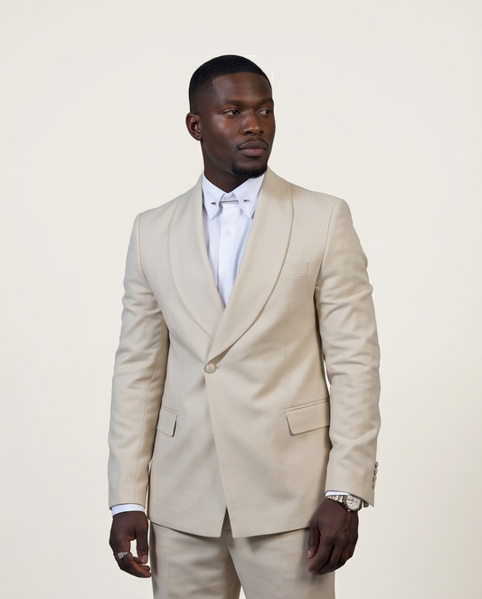 2H #99-05 Beige One Button Collar Shawl Suit