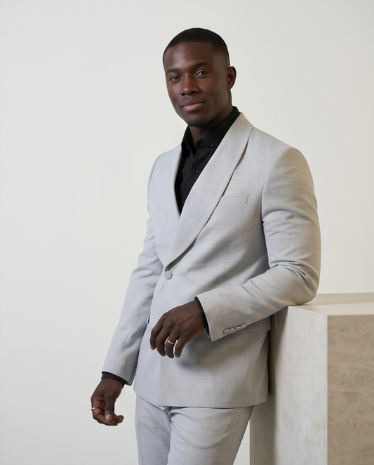 2H #99-04 Gray One Button Collar Shawl Suit