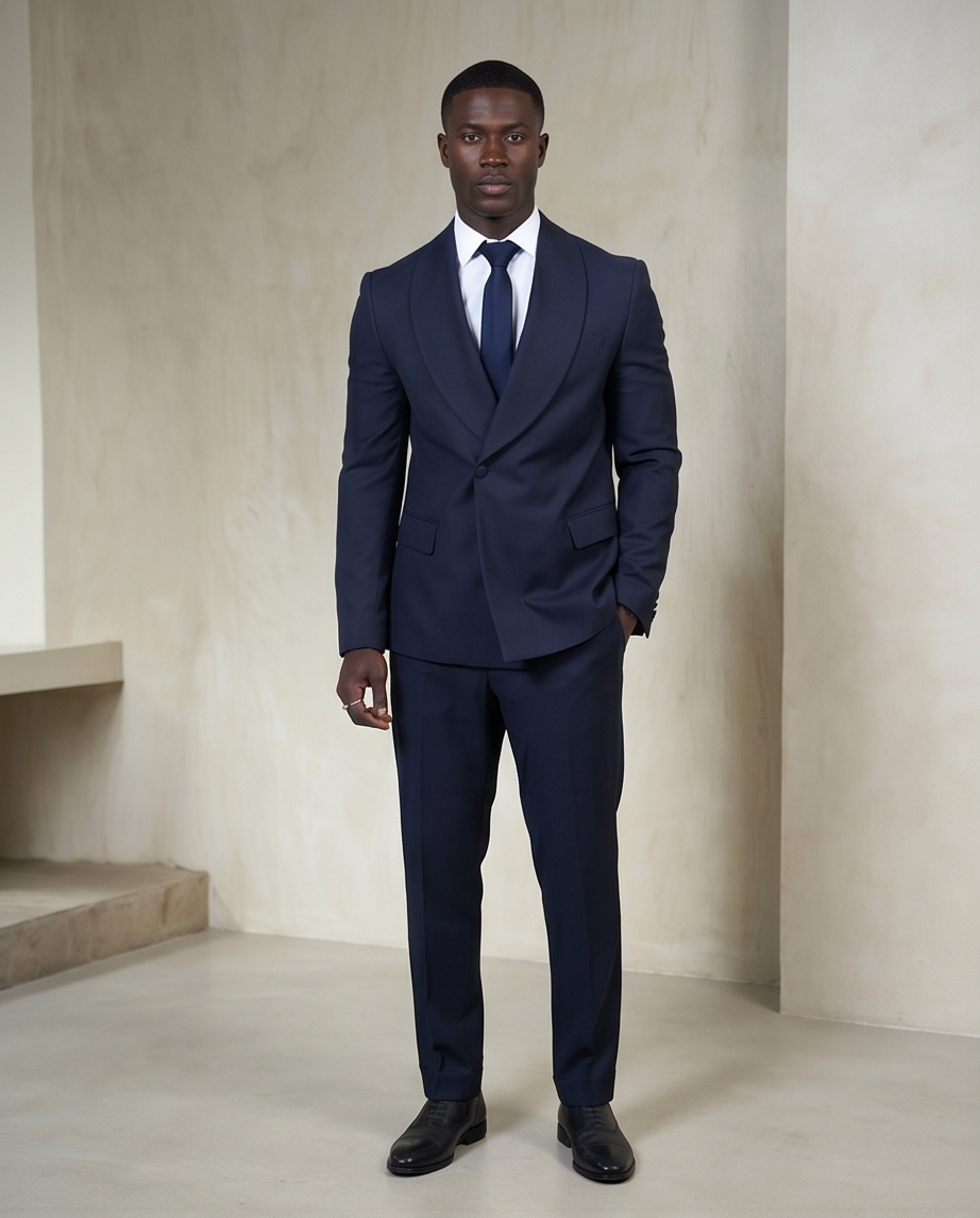 2H #99-07 Navy One Button Collar Shawl Suit