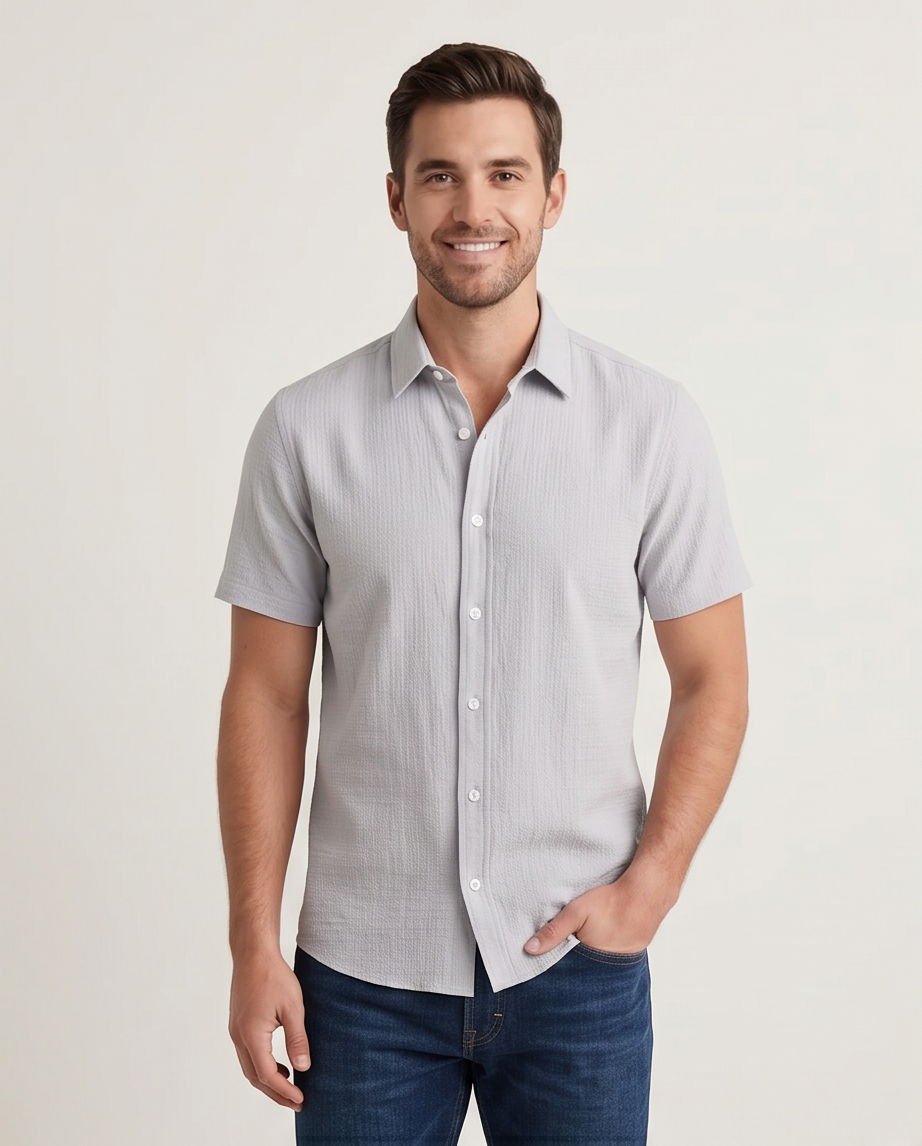 2H Light Gray Short Sleeve Linen Shirt
