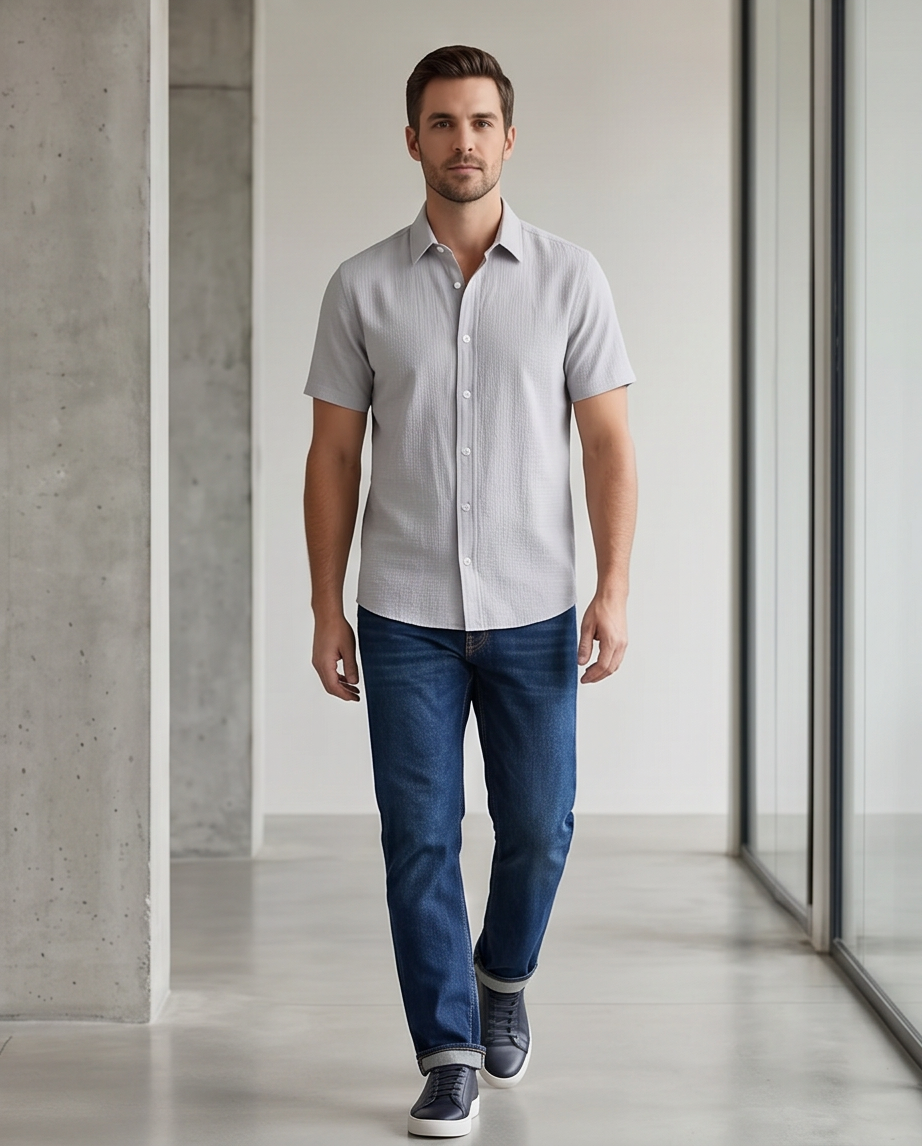 2H Light Gray Short Sleeve Linen Shirt