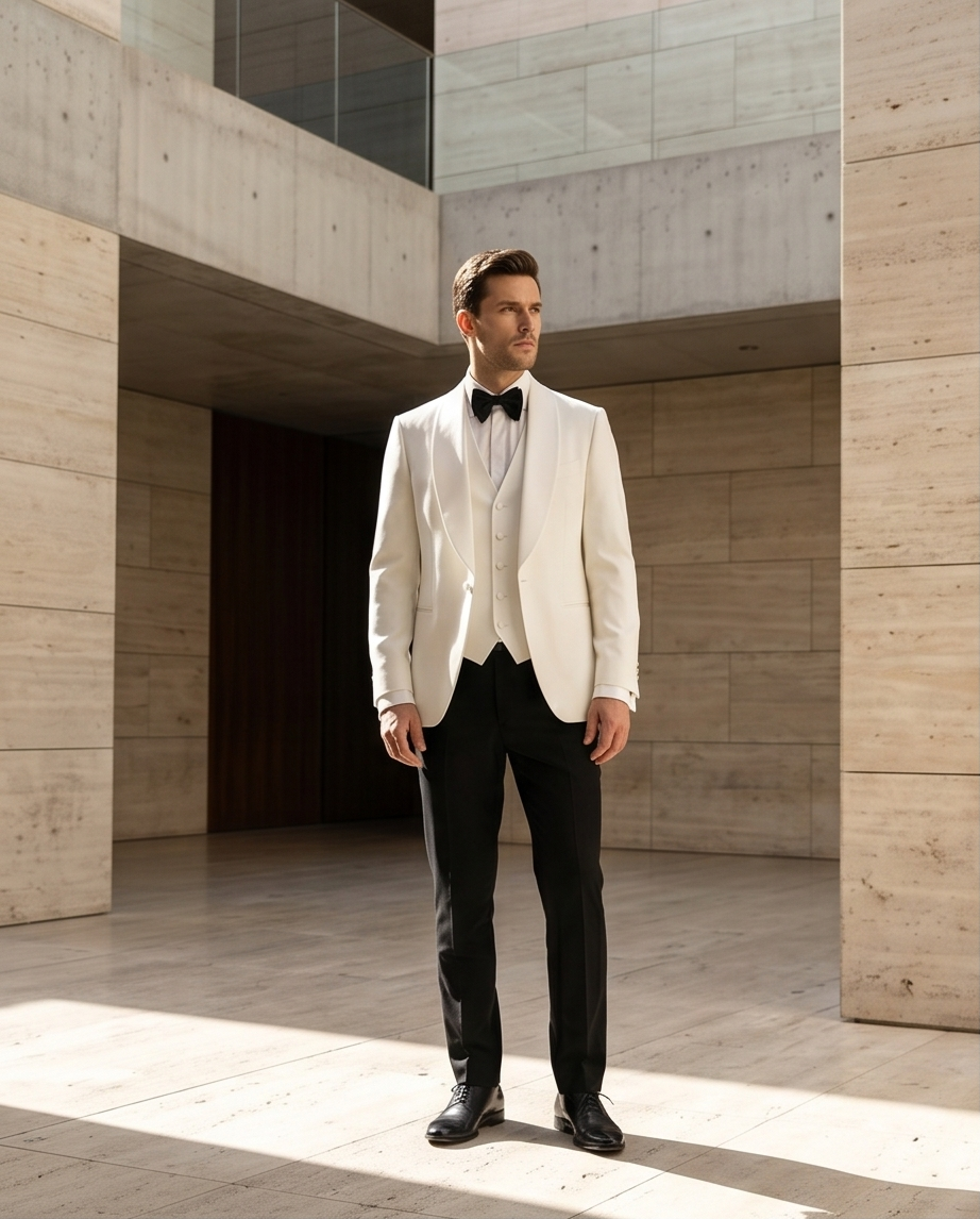 2H White Wedding Suit Black pant Satin