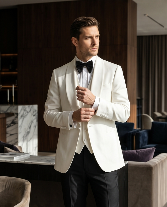 2H White Wedding Suit Black pant Satin