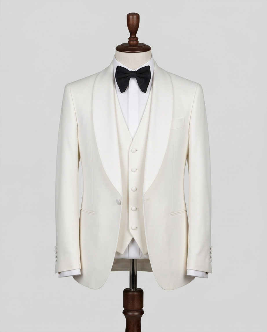 2H White Wedding Suit Black pant Satin