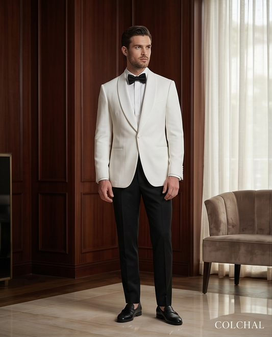 2H White Wedding Suit Black pant Satin