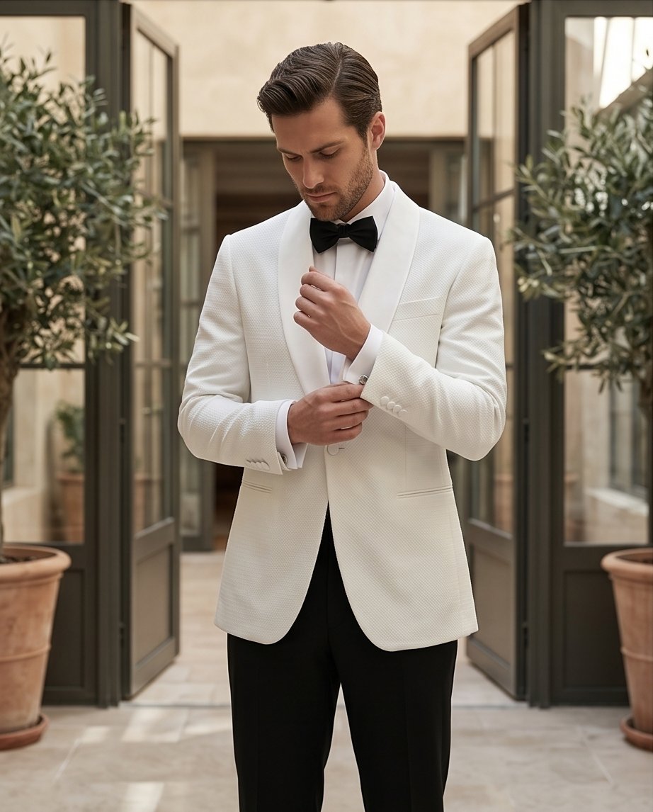 2H White Wedding Suit Black pant Satin