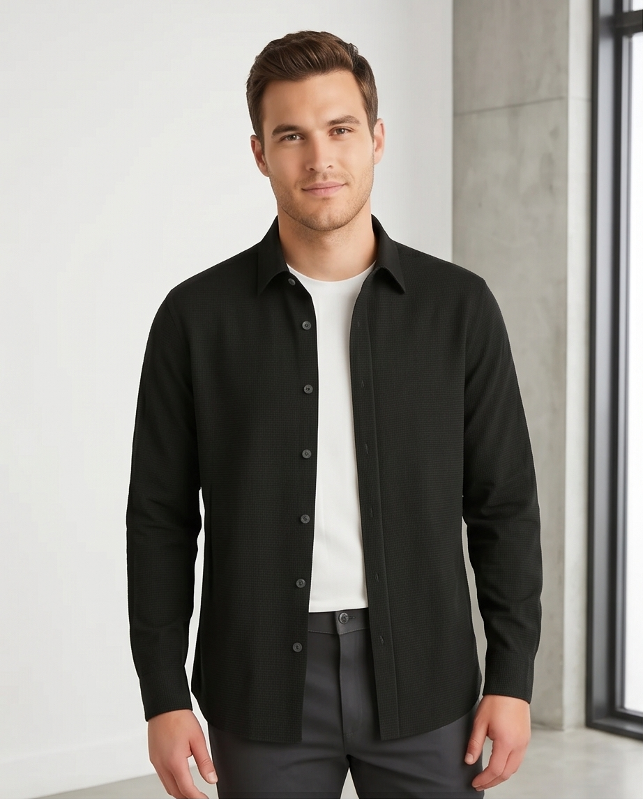 2H #121025 Black Cotton Fleece Casual Shirt