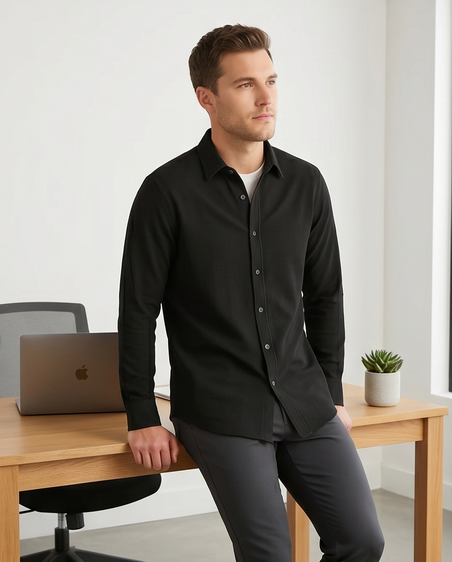 2H #121025 Black Cotton Fleece Casual Shirt