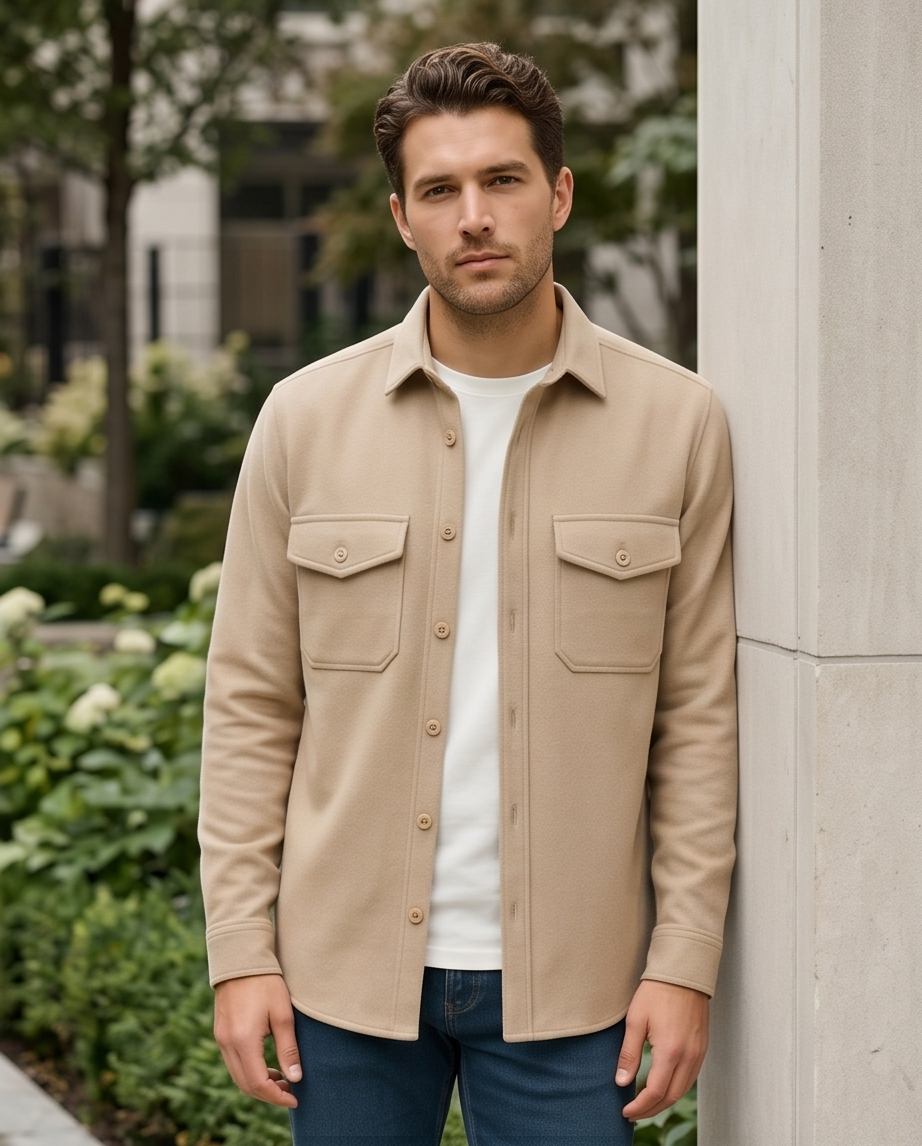 2H #111025 Beige Fleece Casual Shirt