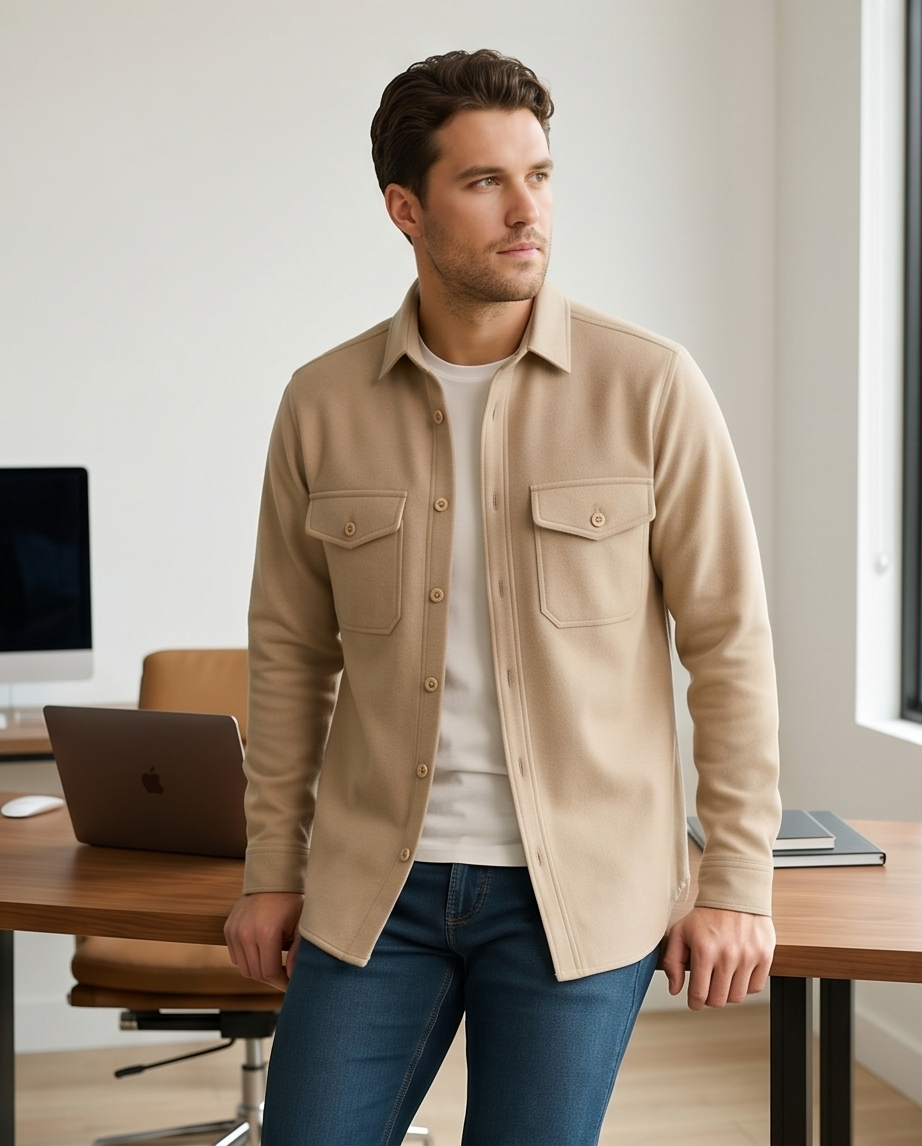 2H #111025 Beige Fleece Casual Shirt