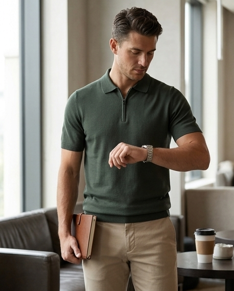 2H #20001-40 Olive Green Knitted Cotton Polo T-Shirt