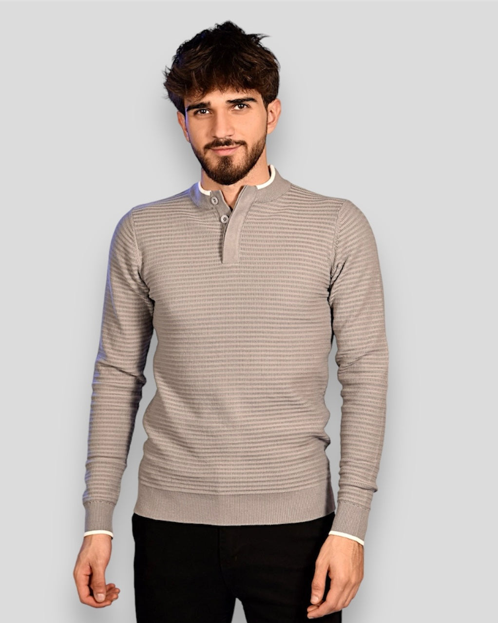2H #46037 Gray Pure Cotton With 3 Buttons High Neck Sweater