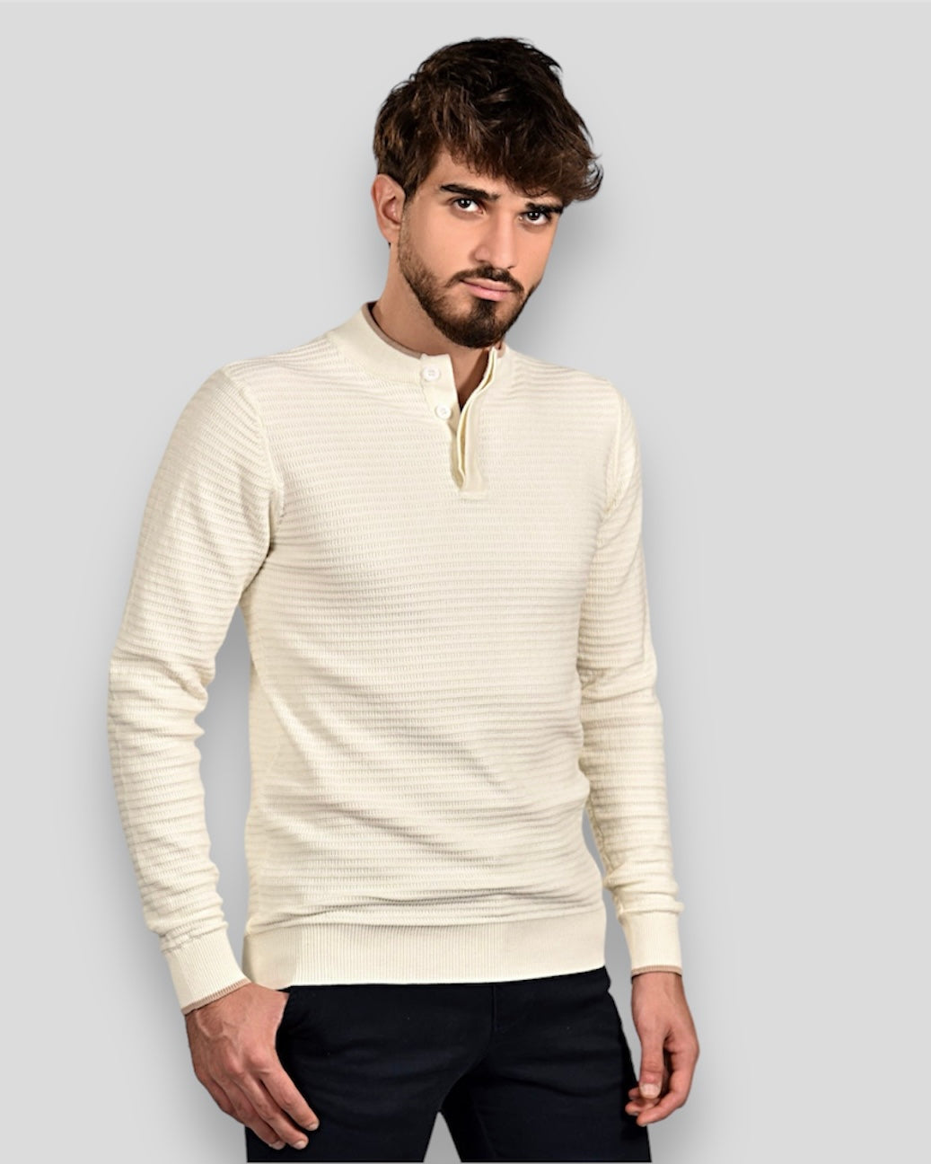 2H #46037 White Pure Cotton With 3 Buttons High Neck Sweater