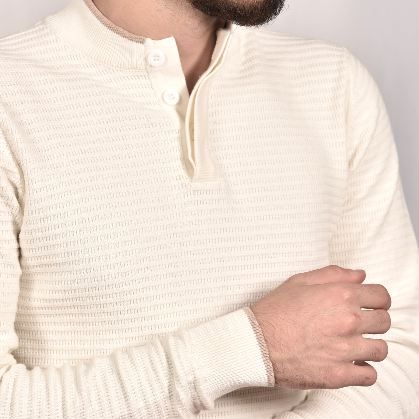 2H #46037 White Pure Cotton With 3 Buttons High Neck Sweater