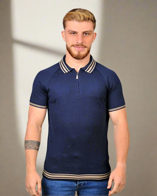 2H #39749-40 Navy Knitted Polo T-Shirt