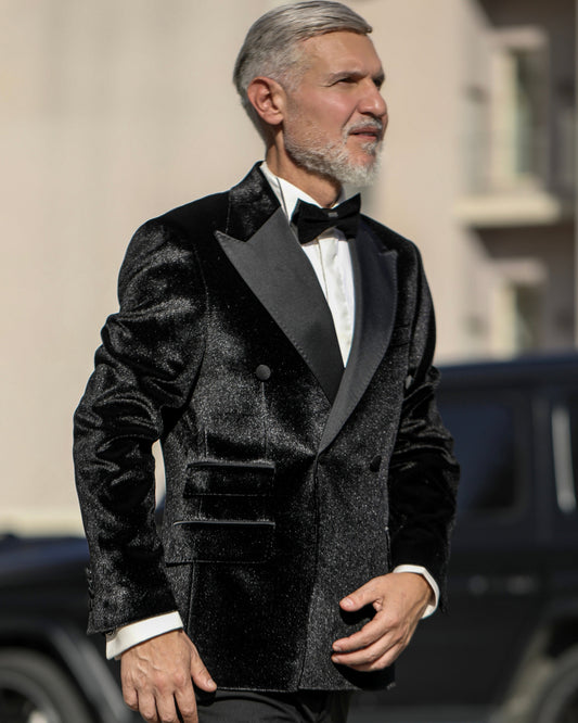 2H Black Double Breast Chamois Wedding Suit Peack Lapel Satin