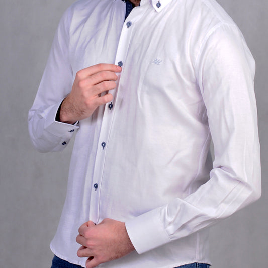 2H #080124 White Navy Buttons Casual Shirt